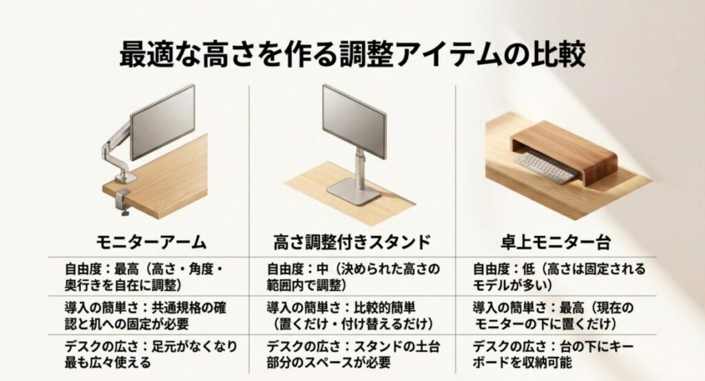 モニターアーム・高さ調整付きスタンド・卓上モニター台の自由度・導入のしやすさ・デスクの広さを比較したスライド