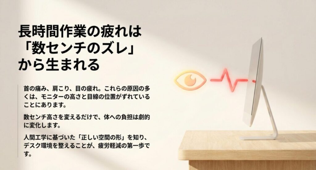 首の痛み・肩こり・目の疲れはモニターの高さと目線のズレが原因になることを説明するスライド