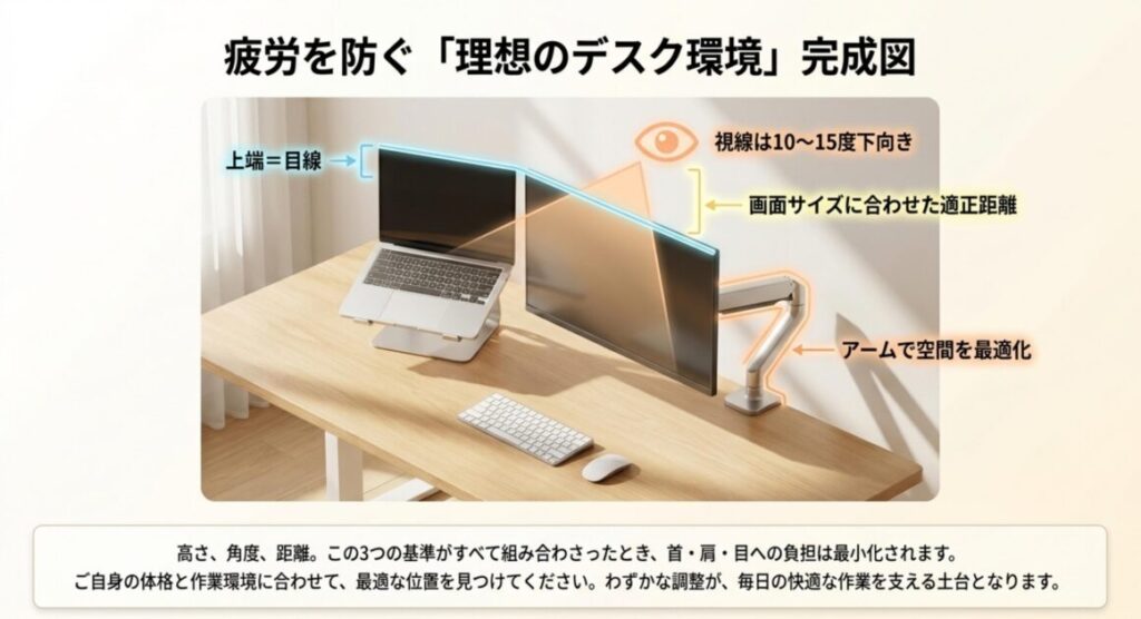 上端＝目線・視線10〜15度下向き・適正距離の3つの基準を組み合わせた理想のデスク環境を示す総まとめスライド
