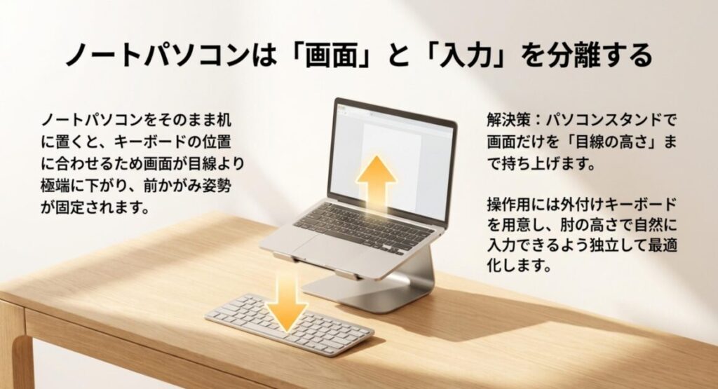 ノートPCスタンドで画面を目線の高さに持ち上げ、外付けキーボードで入力を独立させる対処法を解説するスライド