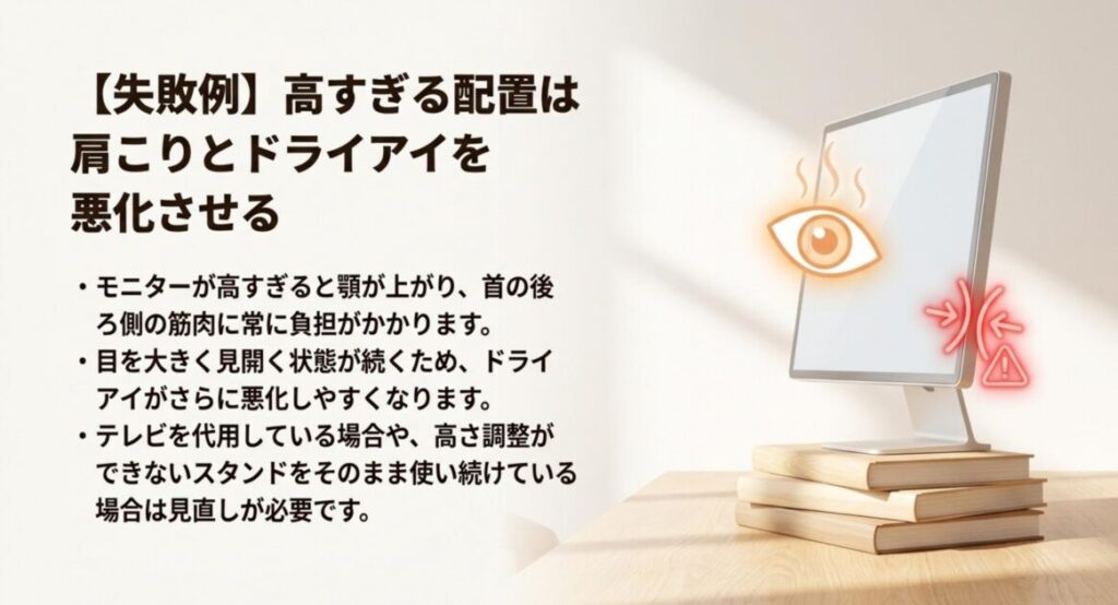 モニターが高すぎると顎が上がり首の後ろ側に負担がかかるうえ、目を大きく開くためドライアイが悪化しやすいことを示すスライド