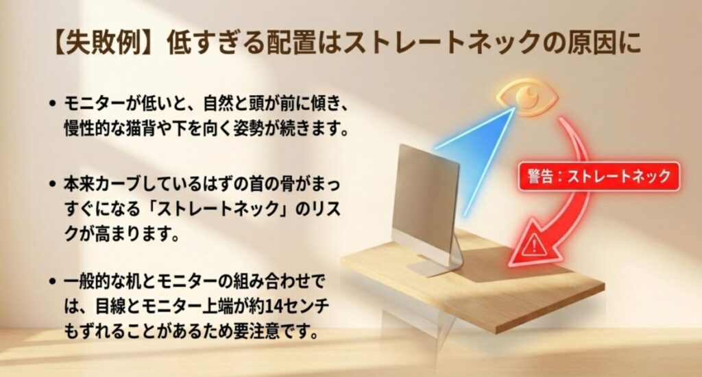 モニターが低すぎると猫背や首の前傾が続き、ストレートネックにつながるリスクを説明するスライド