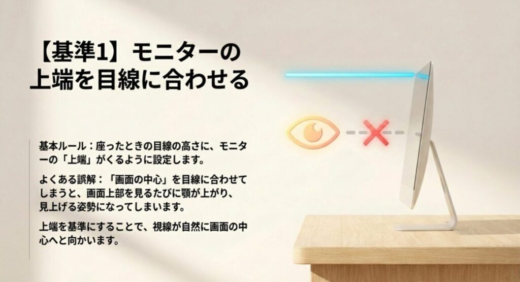 モニターの上端を目線の高さに合わせるのが基本ルールであることを図解したスライド