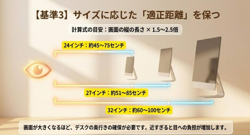 24・27・32インチ別の適正視距離の目安を示したスライド。計算式は画面の縦の長さ×1.5〜2.5倍