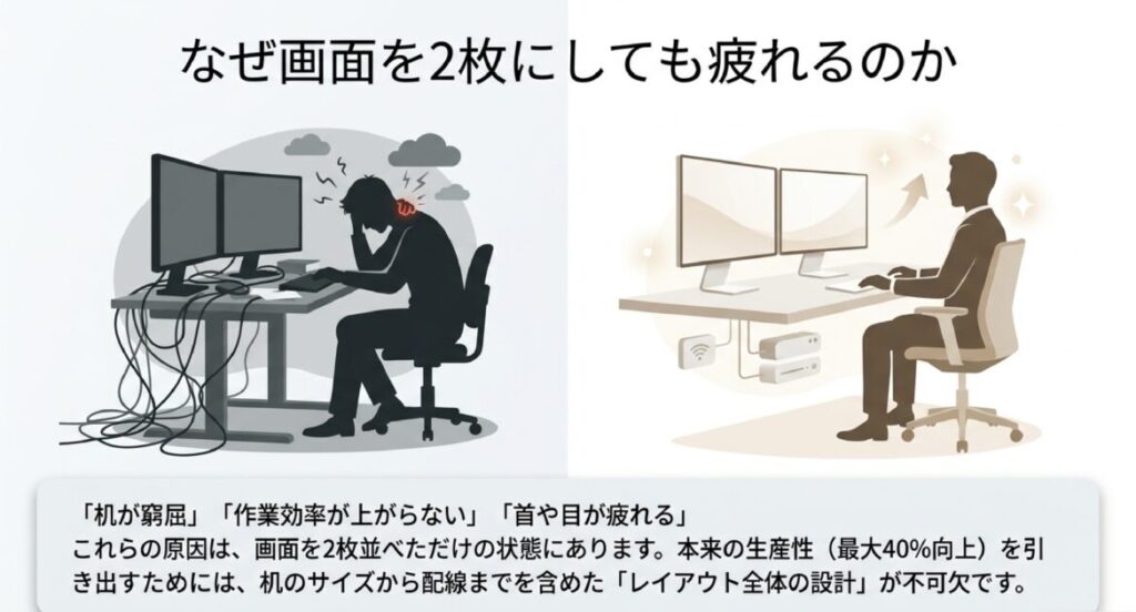 配線が乱れ首を痛める男性のシルエットと、配線が整理され背筋が伸びた理想的な姿勢の比較図。