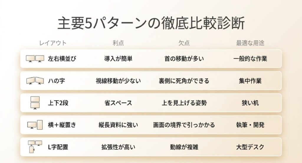 左右並び、ハの字、上下2段、横縦、L字の5つのレイアウトの利点・欠点・用途をまとめた比較表。