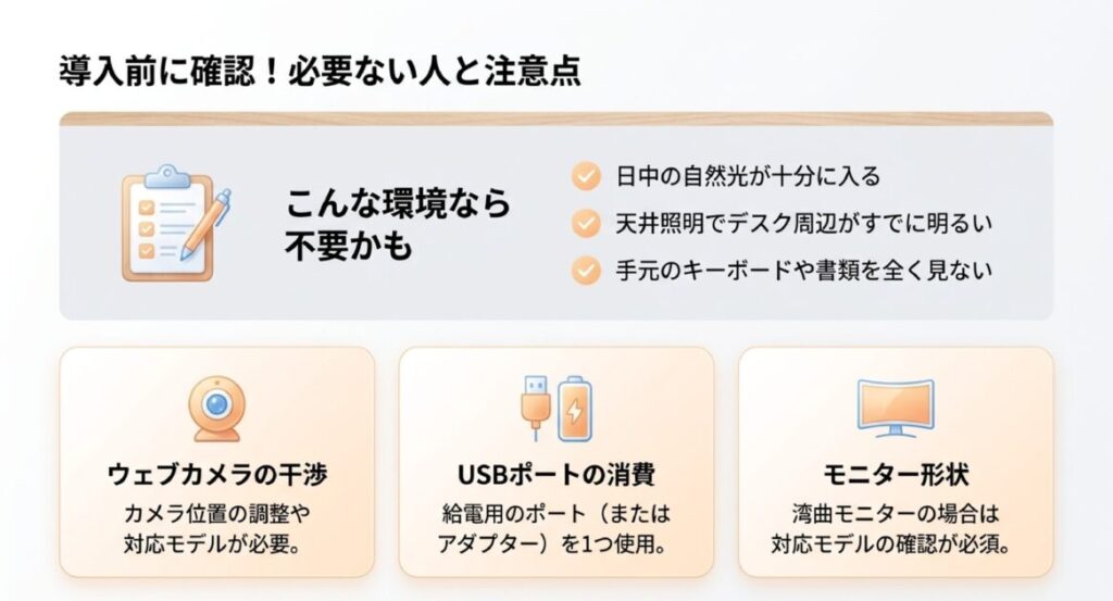 日当たりの良さや天井照明の明るさ等の不要条件、ウェブカメラ干渉やUSBポート消費、湾曲モニター対応等の注意点リスト