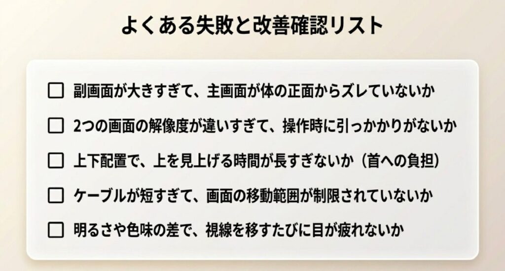 解像度の差、首の負担、ケーブルの長さ、明るさの差など、設置後の違和感を解消する5つの確認項目。