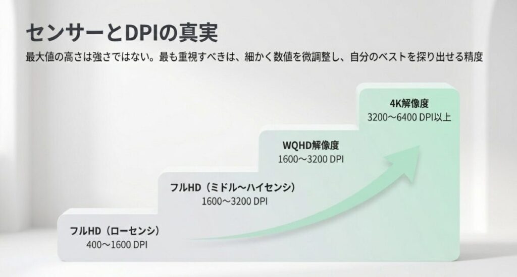 フルHD（400-1600DPI）、WQHD（1600-3200DPI）、4K（3200-6400DPI以上）の解像度別推奨リスト。