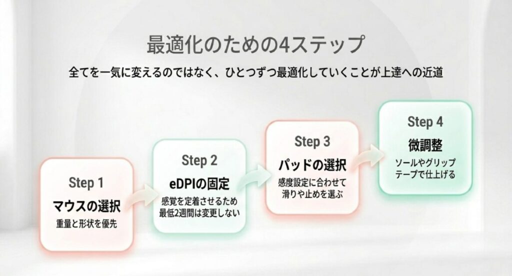 マウス選択、eDPI固定(2週間継続)、パッド選択、微調整（ソール等）の改善ステップ図解。
