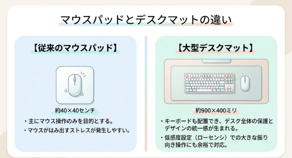 40x40cmのマウスパッドと900x400mmの大型デスクマットのサイズ感と配置の比較図