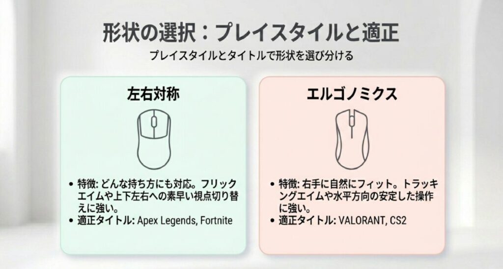 左右対称形状（Apex/Fortnite向け）とエルゴノミクス形状（VALORANT/CS2向け）の比較図解。