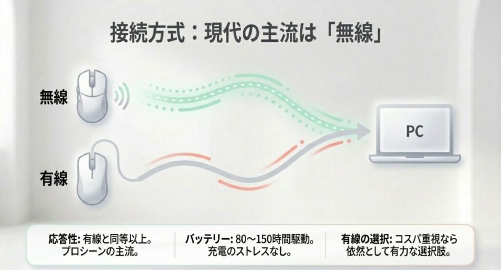 無線（80-150時間駆動）の応答性と自由度、有線のコスパ。現代の主流である無線接続のメリット。