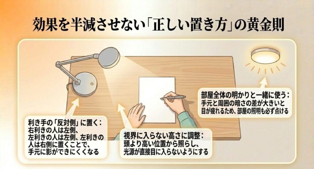 利き手の反対側に置く「黄金則」や、光源を直接目に入れない調整方法の図解。