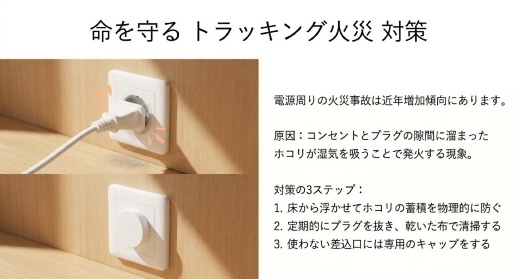 コンセントのホコリが原因となるトラッキング現象の仕組みと、床から浮かせる・清掃するなどの予防策を示したスライド