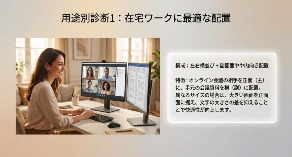ビデオ会議を正面、資料を横に配置した左右横並びスタイル。画面高さを水平に揃えた設置例。