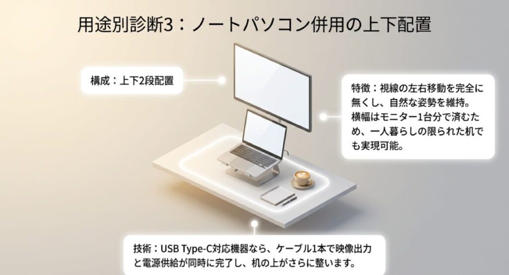 ノートPCと外部モニターを上下に並べ、視線移動を最小化した一人暮らし向けの配置例。