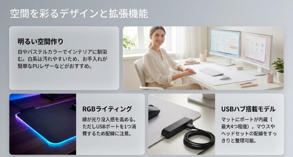 白やパステルカラーのデザインと、最大4ポートのUSBハブ搭載モデルのメリット