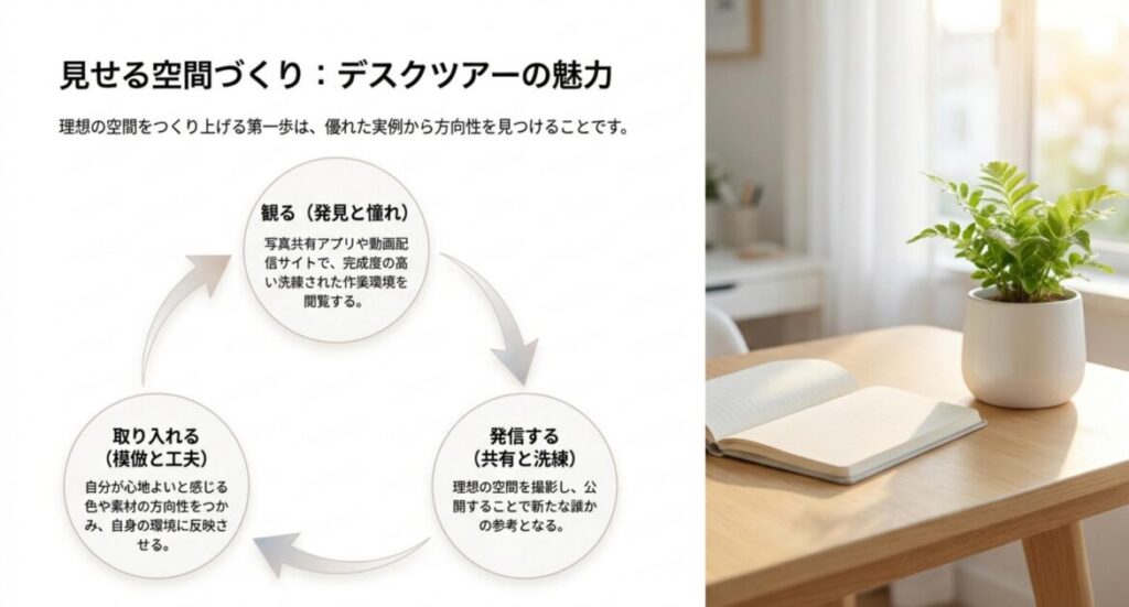 観る・取り入れる・発信するという三つの流れでデスクツアーの楽しみ方を示した循環図