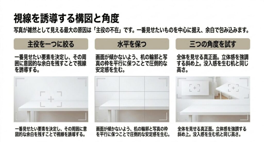 主役を一つに絞る・水平を保つ・三つの角度を試すという、視線を誘導する構図と角度のコツを示すスライド