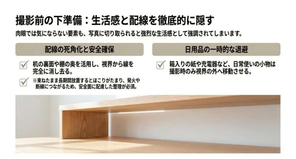 配線を視界から消す工夫と日用品の一時退避という、撮影前に生活感を隠す下準備を示す