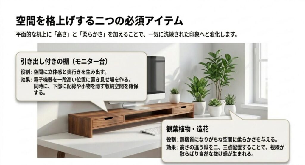 引き出し付きモニター台と観葉植物が、デスクに高さと柔らかさを加える役割を解説