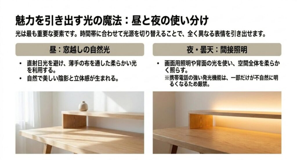 昼は窓越しの自然光、夜や曇天は間接照明と、時間帯で光源を使い分ける撮影のコツを示すスライド