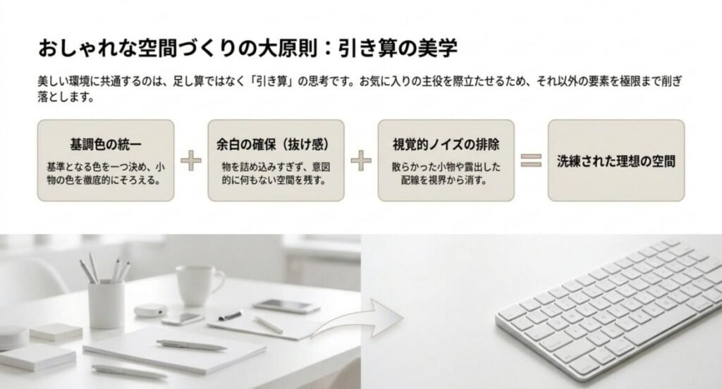 基調色の統一・余白の確保・視覚的ノイズの排除という、おしゃれな空間づくりの引き算の考え方を示すスライド