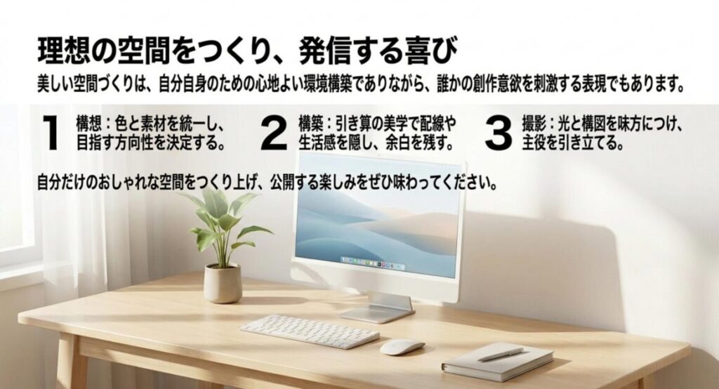 構想・構築・撮影の三段階でおしゃれなデスクツアーをつくり発信する流れをまとめたスライド