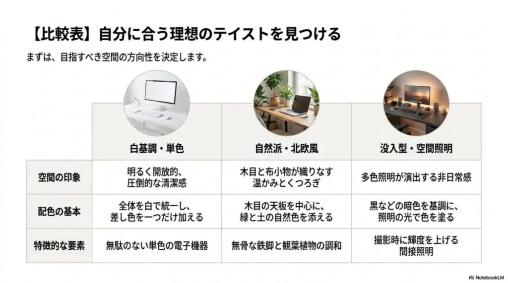 白基調・自然派北欧風・没入型空間照明の三つのテイストを空間の印象や配色で比較した表のスライド