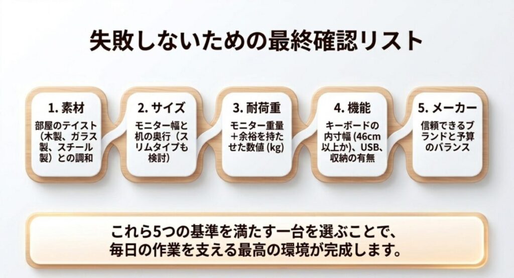 素材・サイズ・耐荷重・機能・メーカーの5項目から成る失敗しないための最終確認リスト