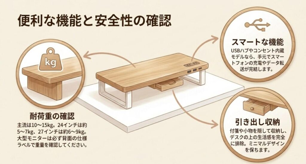 USBハブ・引き出し収納などの便利機能とモニター重量に応じた耐荷重確認の重要性を示す画像