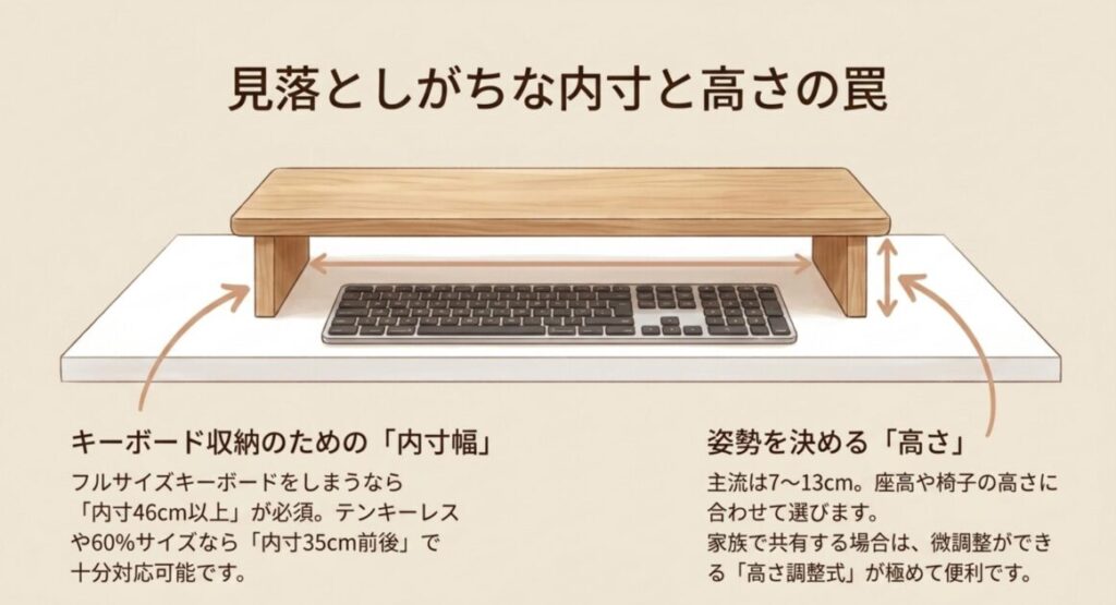 キーボード収納に必要な内寸幅と姿勢に関わる高さのチェックポイントを解説