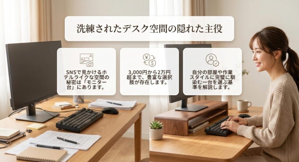 モニター台導入前と導入後のデスク環境を比較しおしゃれな空間作りの重要性を紹介する導入画像