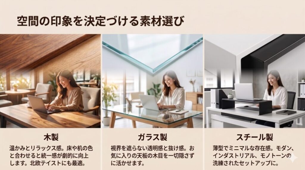 amesoba木製デスクシェルフとグリーンウィーク強化ガラスモニター台の質感を比較