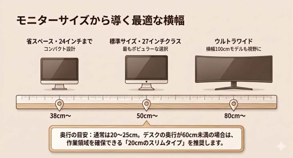 24インチから27インチ・デュアルモニターまでサイズ別に推奨される横幅と奥行の目安