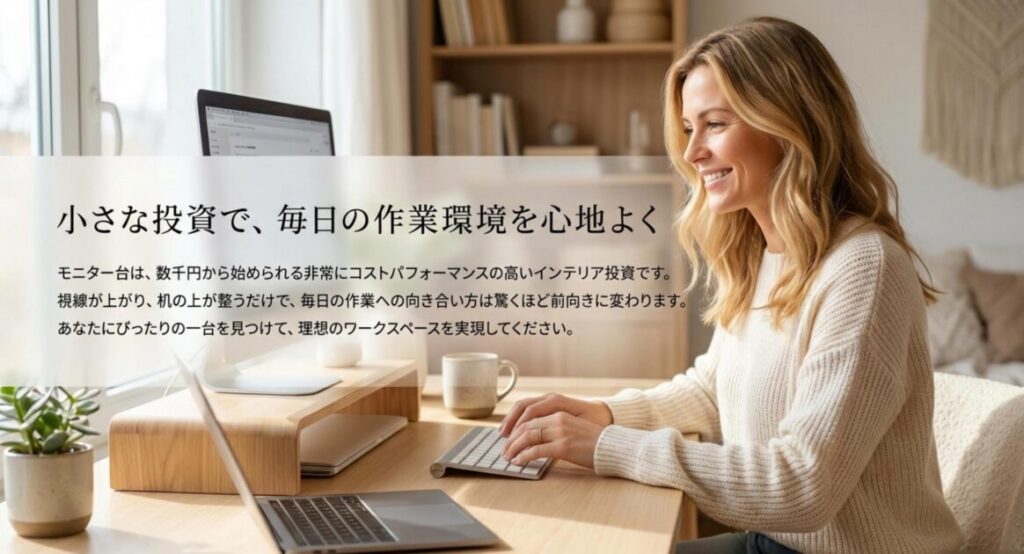 モニター台導入により毎日の作業環境が心地よく整う様子をまとめた記事の総括
