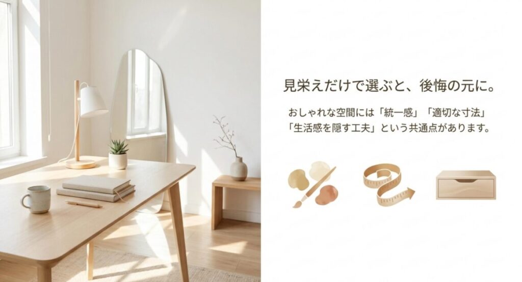 おしゃれなデスク選びに必要な統一感・寸法・生活感を隠す工夫という共通点を示す導入
