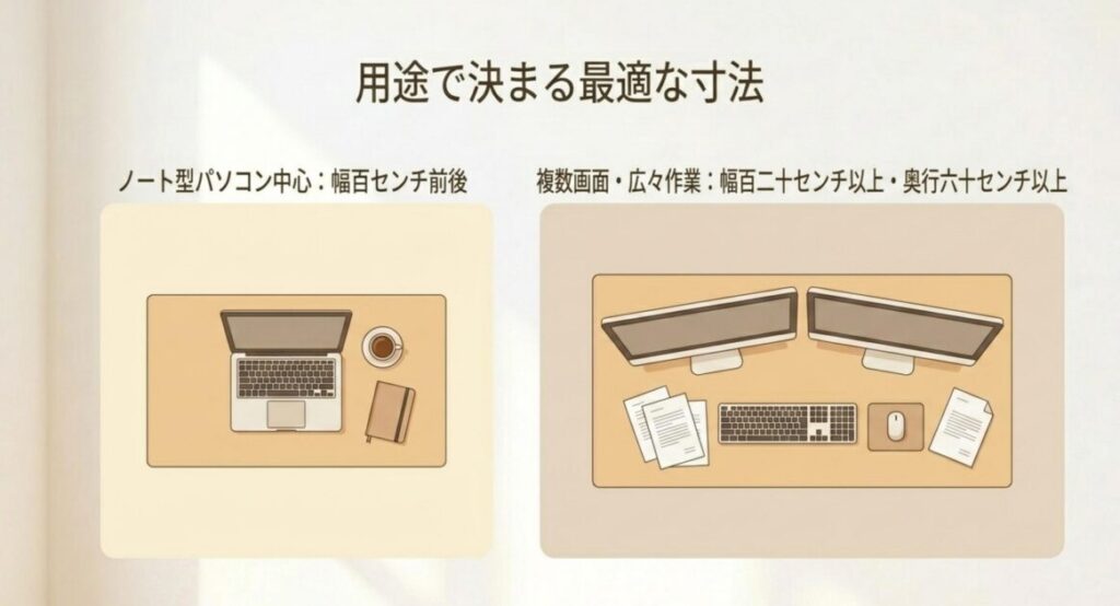ノートPC中心なら幅百センチ前後、複数画面なら幅百二十センチ以上という用途別のデスク寸法の目安を示す