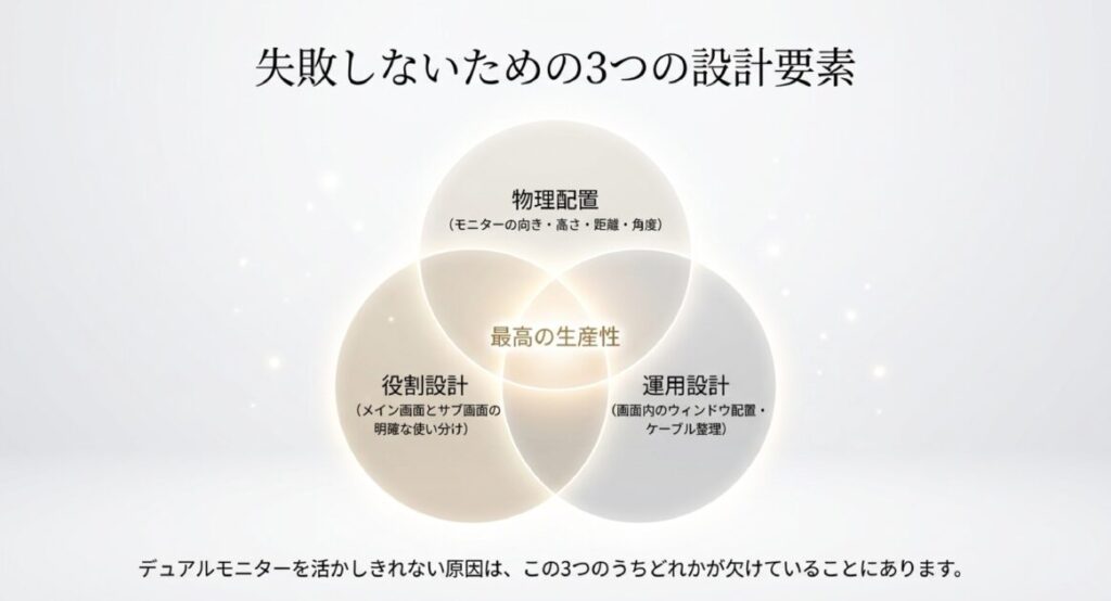 物理配置(高さ・距離)、役割設計(主・副)、運用設計(配線整理)の3要素を示す概念図。