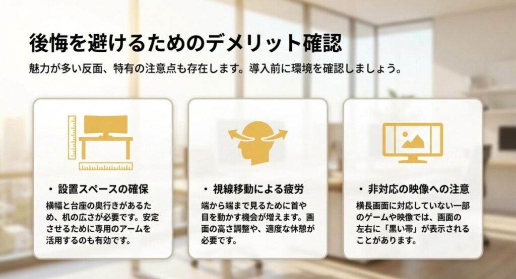 設置スペース、視線移動による疲労、非対応映像の黒帯という注意点を示すスライド