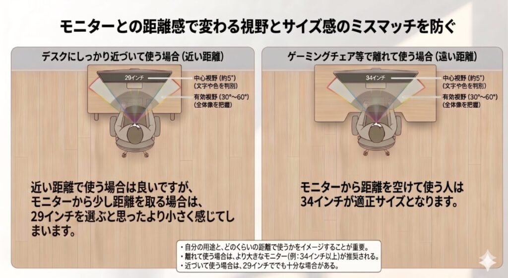 デスクに近づく場合と離れて使う場合で、29インチと34インチの見え方や適正サイズが変わることを示す図
