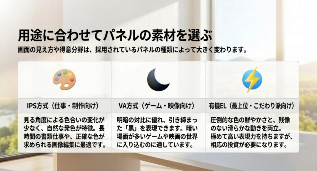 IPS・VA・有機ELの特徴と向く用途を3つに整理して比較するスライド