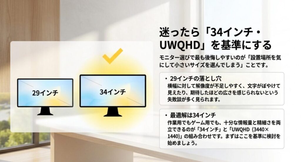 29インチと34インチを比べ、34インチUWQHDを選びの基準として示すスライド