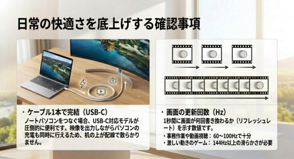 USB-C一本接続の便利さとリフレッシュレートの目安という確認事項を示すスライド