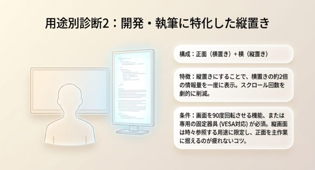 正面の横画面と横の縦画面を組み合わせ、スクロール回数を削減するエンジニア向けレイアウト。