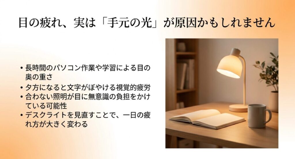 デスクライトで照らされた開いた本とマグカップ。手元の光が原因で起こる視覚的疲労についての解説。
