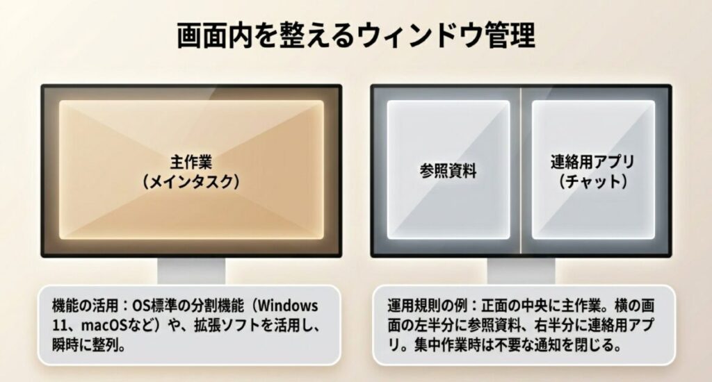 Windows 11等の分割機能を活用し、主作業・参照・チャットを定位置に配置する運用例。