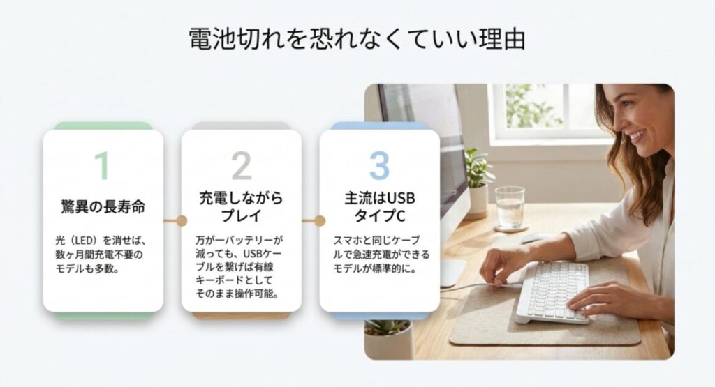 無線ゲーミングキーボードの電池切れ不安を解消する3つの理由(長寿命バッテリー・充電しながらプレイ可能・USB Type-C対応)を示した解説図