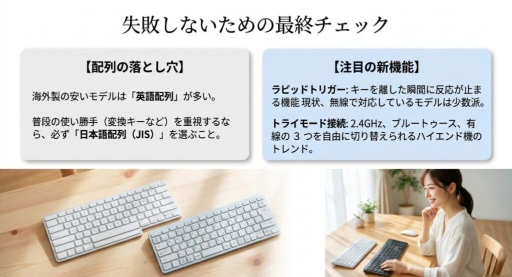 英語配列と日本語配列JISの選び方の注意点と、ラピッドトリガー・トライモード接続といった最新機能のトレンドを解説する図